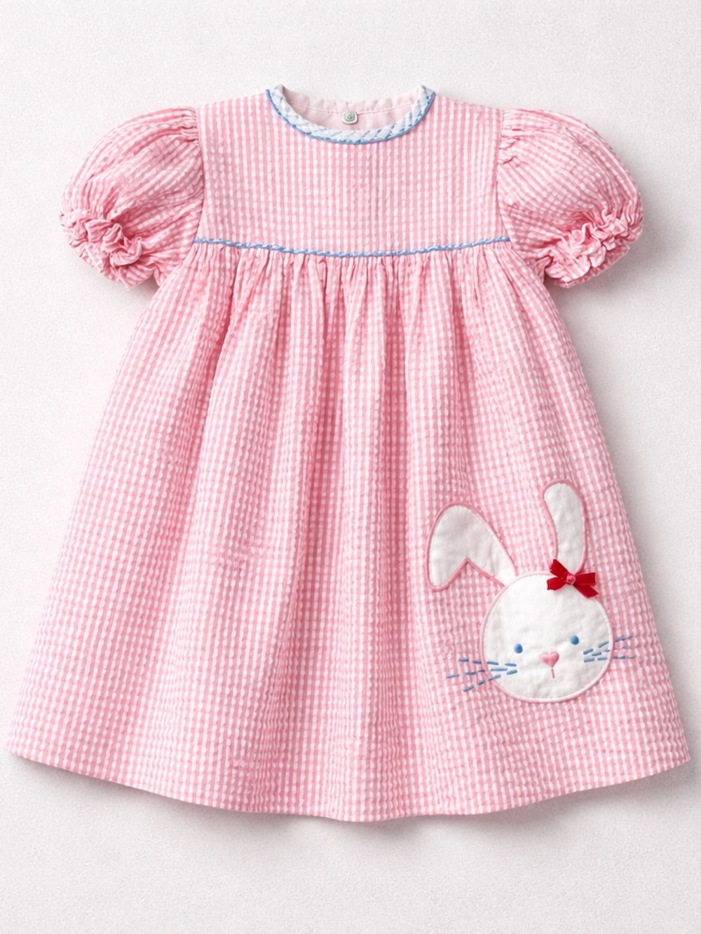 Petit Pomme pink & white stripe sear sucker dress with bunny Appliqué 6 months